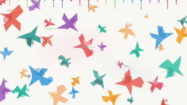Abstract composition of colorful paper birds floating on a white background