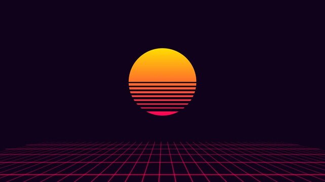 A vibrant yellow sunset over a digital red grid in a retro synthwave style