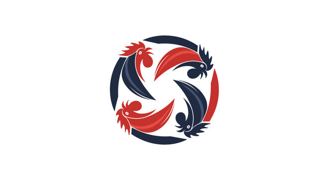 Creative circular emblem composed of four stylized rooster heads in red and dark blue interlocking to form a rotating pattern or logo.