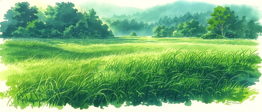 木漏れ日が降り注ぐ爽やかな草原、優しい水彩タッチ、絵本や癒し系ポスター素材向け