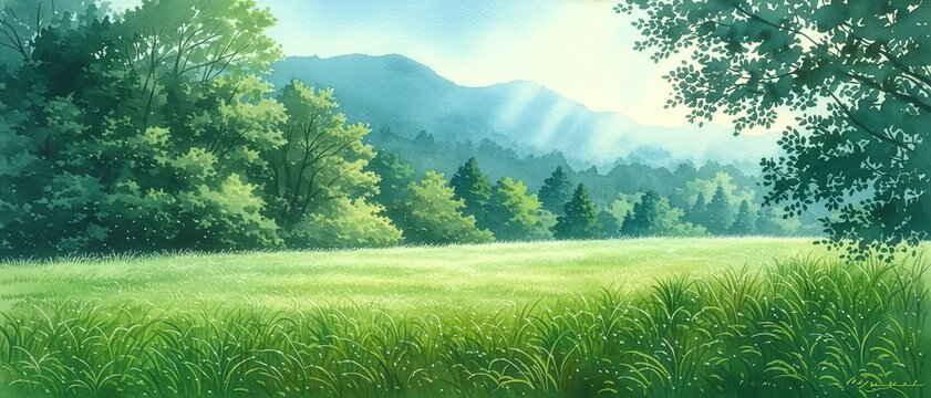 光あふれる草原の水彩風景、心安らぐ柔らかな色調、ヒーリング素材や絵本の挿絵向け