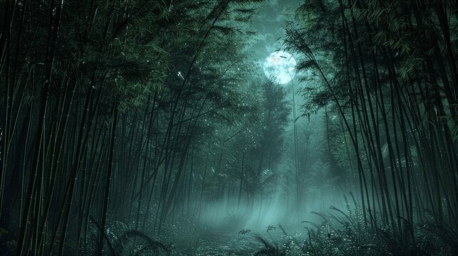 闇に包まれる深い竹林、神秘的で不気味な静寂、和風ホラーや怪談物の背景素材向け