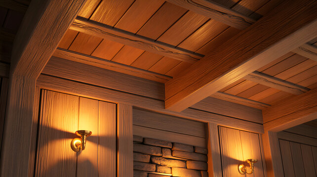 Warm wooden ceiling with recessed lighting during cozy evening creating inviting ambiance and rustic charm