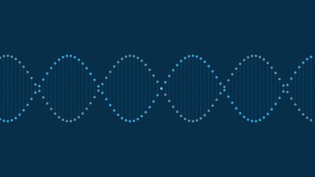 A glowing digital dna double helix structure on a dark blue background