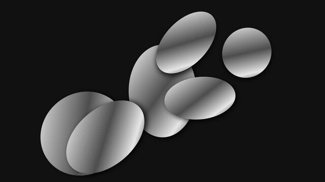Abstract composition of metallic silver ellipses floating on a dark background