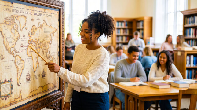 Female student pointing at Columbus's voyage map in library