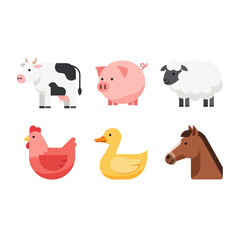 Fototapeta premium Collection of Six Farm Animals in Flat Design Style.