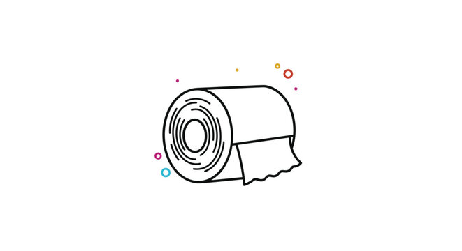 Minimalist black line art of a single toilet paper roll with colorful decorative dots and circles scattered around the main object.