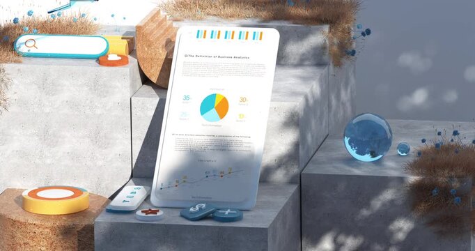 A creative 3D scene displays a smartphone showing business analytics charts surrounded by concrete blocks, glass spheres, and decorative dried plants.