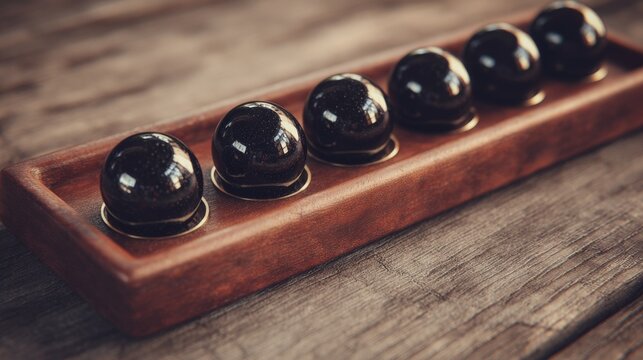 Elegant Arrangement of Glossy Black Balls on Wooden Tray