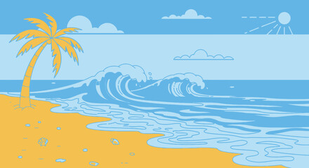 Obraz premium Beach scene illustration with palm tree and ocean waves in blue and yellow tones
