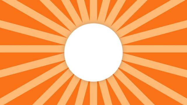 A vibrant orange sunburst background with a centered white circular frame