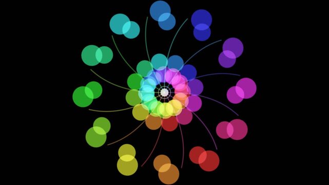 A vibrant circular pattern of overlapping colorful circles on dark background