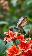 Fototapeta premium Vibrant hummingbird sips nectar from paradise floral arrangement amidst serene greenery background, flowers, wildlife