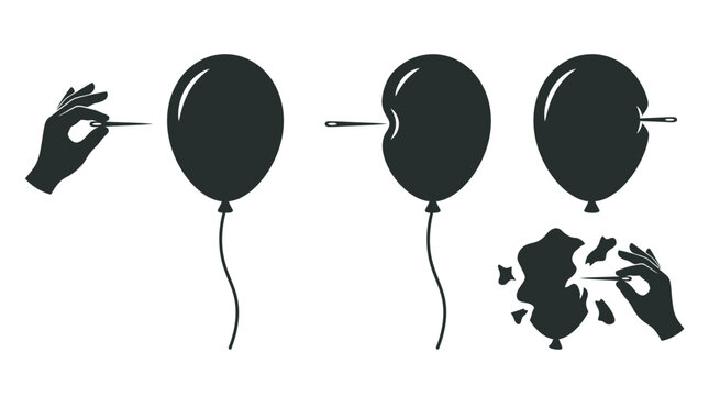 Balloon being punctured by a pin sequence of events silhouette