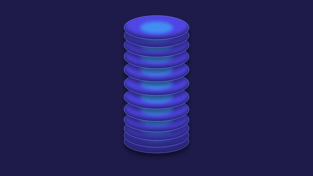 A glowing blue cylindrical stack of circular rings on a dark navy background