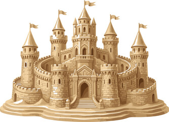 Detailed sandcastle isolated, fantasy beach castle sculpture on transparent background vector illustration for summer theme © Momin