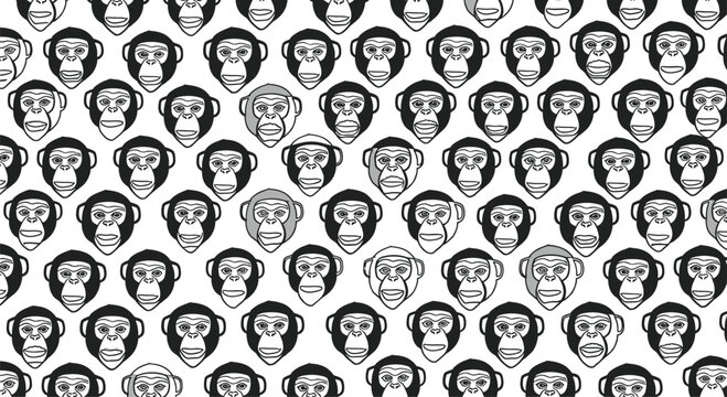 Monkey head seamless pattern featuring black and white chimpanzee faces in a repeating grid on a clean white background for animal theme art.
