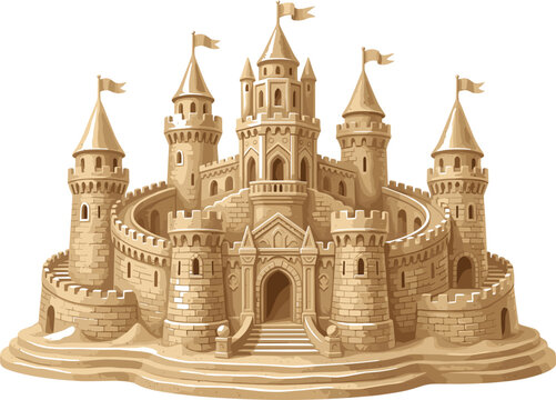 Detailed sandcastle isolated, fantasy beach castle sculpture on transparent background vector illustration for summer theme