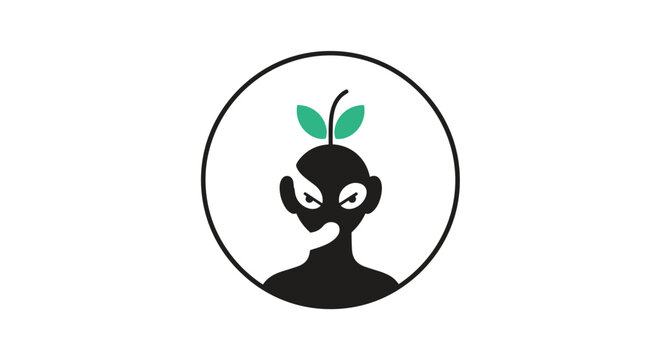 Minimalist black silhouette character with a green sprout growing from its head inside a circle representing growth and nature conservation.
