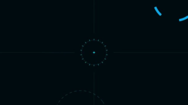 Abstract composition of glowing blue dashed circular lines on black background