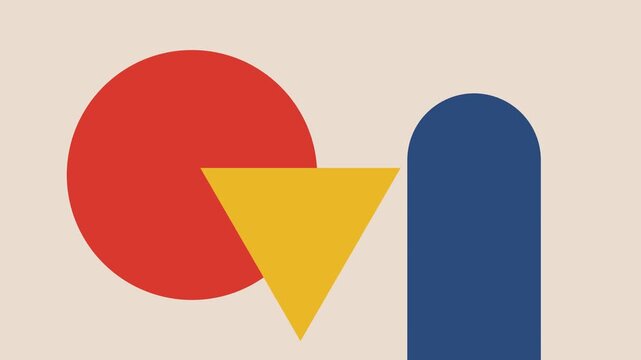Minimalist composition featuring a red circle, yellow triangle, and blue arch