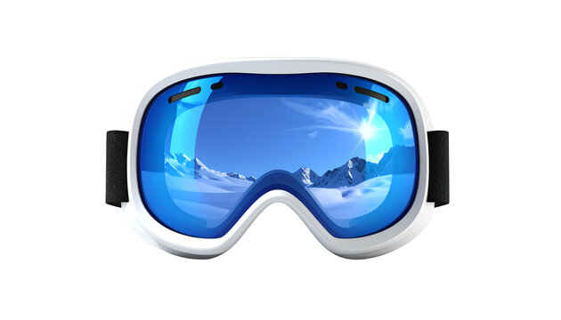 Isolated White Ski Goggles Reflecting Snowy Mountains and Blue Sky