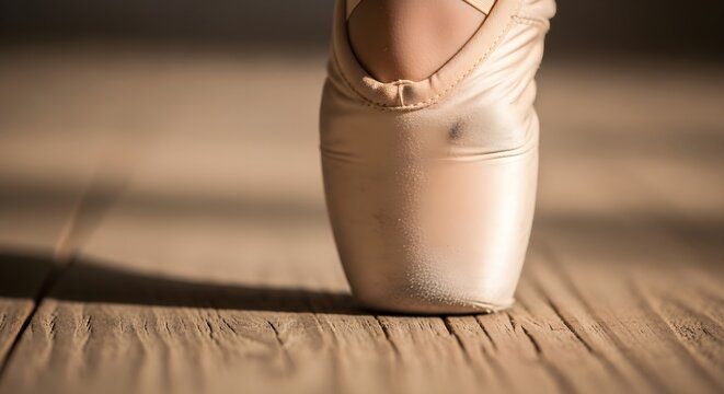 Close-up of a ballet dancers pointe shoe on a wooden floor.