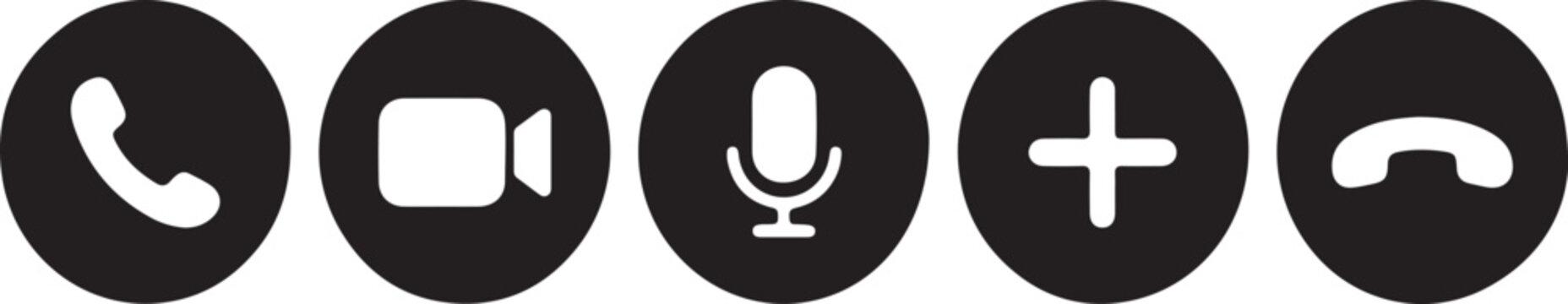 Set of communication icons including phone call video camera microphone and plus button for mobile interface and web application design