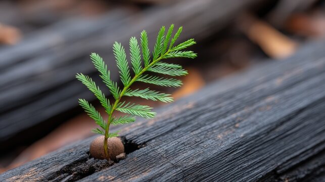 New green seedling growing from a charred burnt log symbolizing rebirth and resilience after a forest fire