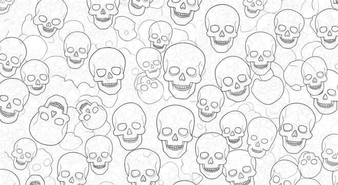 Intricate hand-drawn skull pattern featuring various skull sketches in black lines on a white background for an artistic macabre look art.
