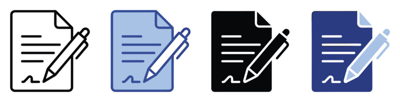 Set of document and pen icons for signing legal agreements and official contracts.