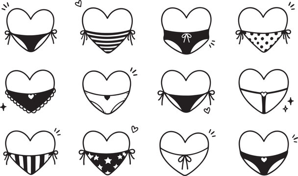 Set of cute heart shapes wearing different styles of black and white bikini underwear and lingerie panties hand drawn doodle illustration collection