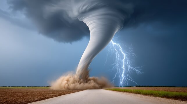 Powerful Tornado Funnel and Lightning Strike Over Rural Road in Dramatic Storm Landscape