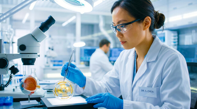 Bio engineer examining bionic eye circuitry in high tech lab