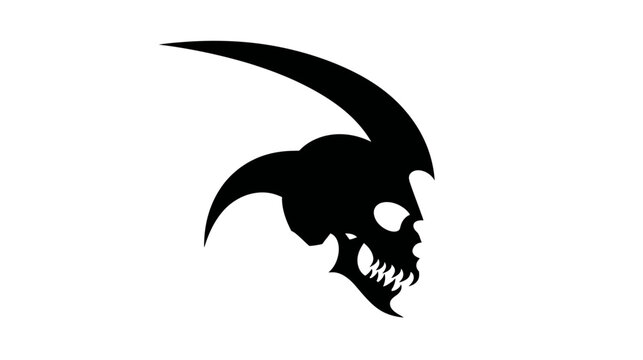 Aggressive black skull silhouette with sharp teeth and horns, stylized dark fantasy monster head icon, fierce creature emblem.