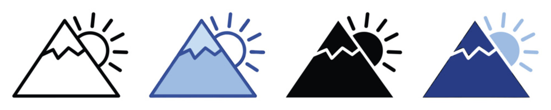 Set of mountain and sun flat graphic icons representing outdoor adventures, summer travel, and
