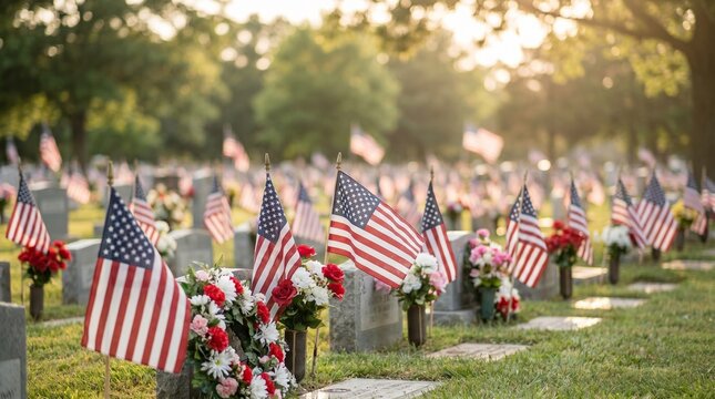 American flags and floral tributes at a cemetery memorial day scene
