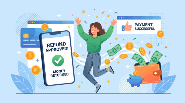 Woman celebrating refund approval on phone with money and cards