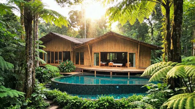 Sustainable bamboo house with modern organic architecture in a lush tropical forest, featuring a private swimming pool, wooden decks, glass windows, and exotic jungle vegetation.