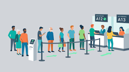 Fototapeta premium People standing in line at airport check-in counters with travel agents