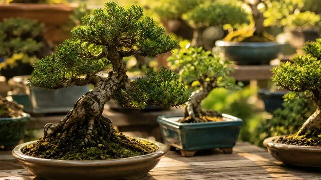 Bonsai trees in ceramic pots create a peaceful garden display, reflecting cultivation, home decor, mindfulness, and traditional plant care.