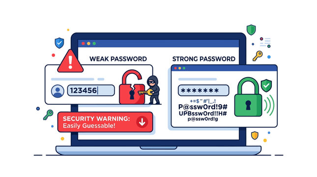 A computer screen displays a security warning for a weak password alongside a strong password example.