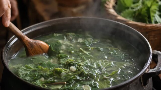 Hand stirs traditional spring nettle soup in a pot, showing homemade cooking, seasonal ingredients, healthy eating, and rural food traditions.