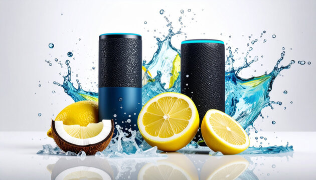 Smart speakers with lemons and coconut amidst dynamic blue and teal water splashes