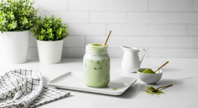 Iced matcha latte in a glass jar with a bamboo straw on a white surface