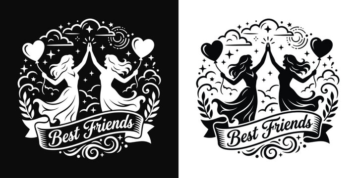 Best friends dancing holding heart balloons vector graphic with friends forever