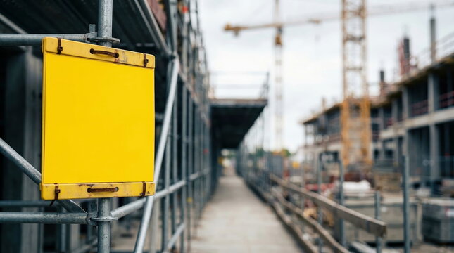 Construction blank yellow sign on scaffolding at new building development site, space for text or safety messaging.