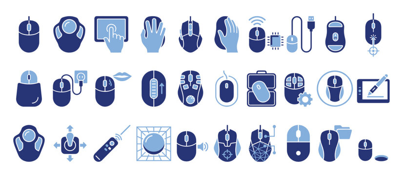 Set of computer mouse icons illustrating various input devices, functionalities, and user