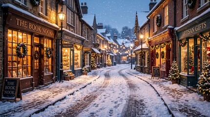 Fototapeta premium Charming snowy street scene with festive holiday decorations, a cute winter background for your seasonal designs